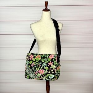Vera Bradley Botanical Floral Quilted Crossbody Laptop Messenger Bag Black Green